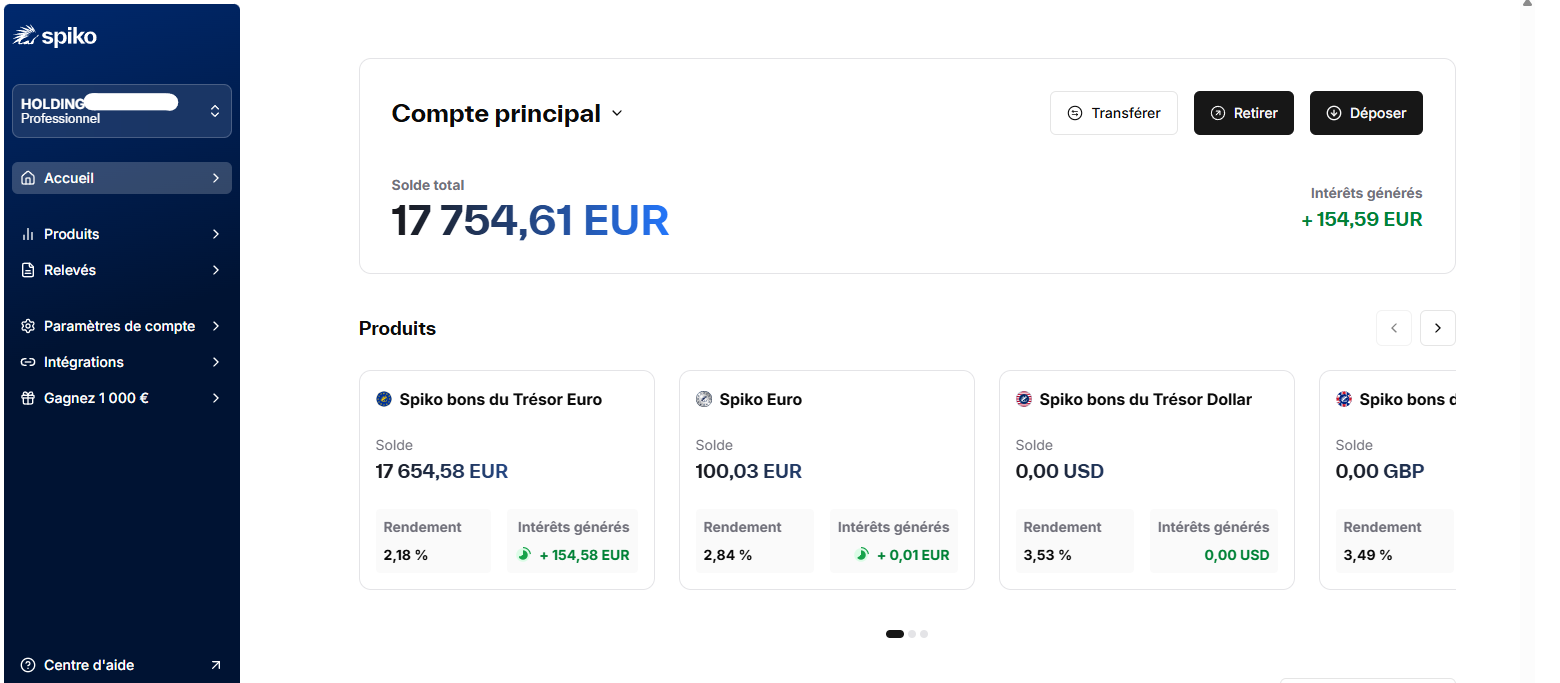 Spiko avis : tableau de bord de ma holding en octobre 2026, 17 754,61 € placés et 154,59 € d'intérêts