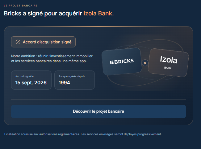 Bricks a signé un accord pour acquérir Izola Bank, banque agréée depuis 1994