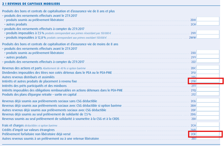 Formulaire 2042, rubrique revenus de capitaux mobiliers : cases 2TR et 2CK pour déclarer le crowdfunding immobilier