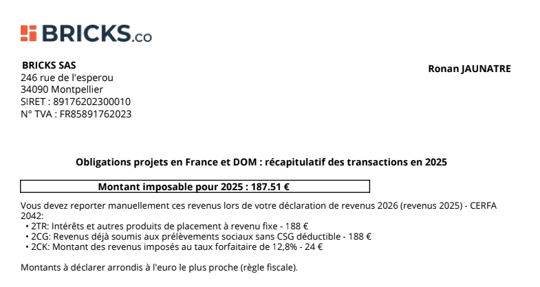 IFU Bricks 2025 : intérêts d'obligations à reporter en cases 2TR, 2CG et 2CK de la déclaration 2042