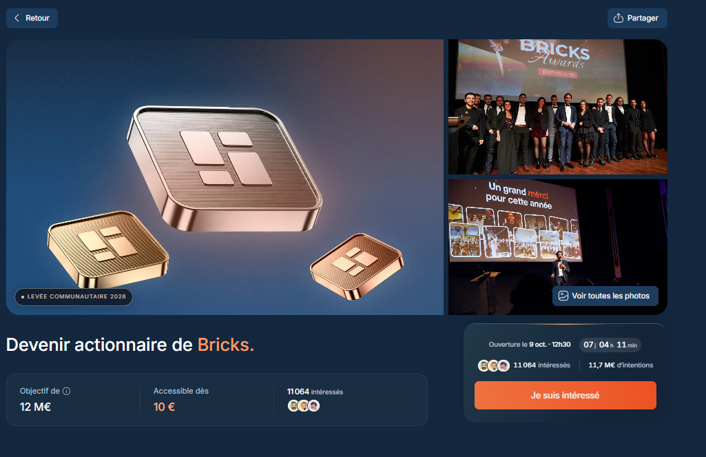 Levée de fonds Bricks 2026 : page de la levée communautaire, objectif 12 M€, accessible dès 10 €
