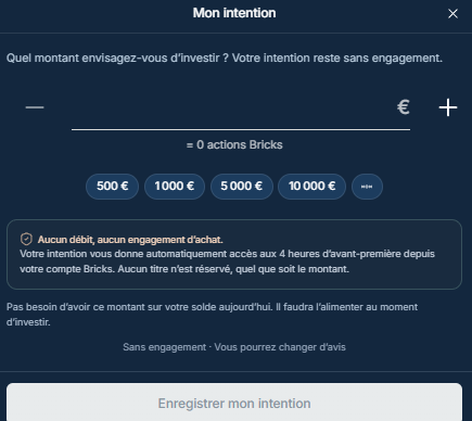 Écran Mon intention de l’application Bricks : montant envisagé sans débit ni engagement