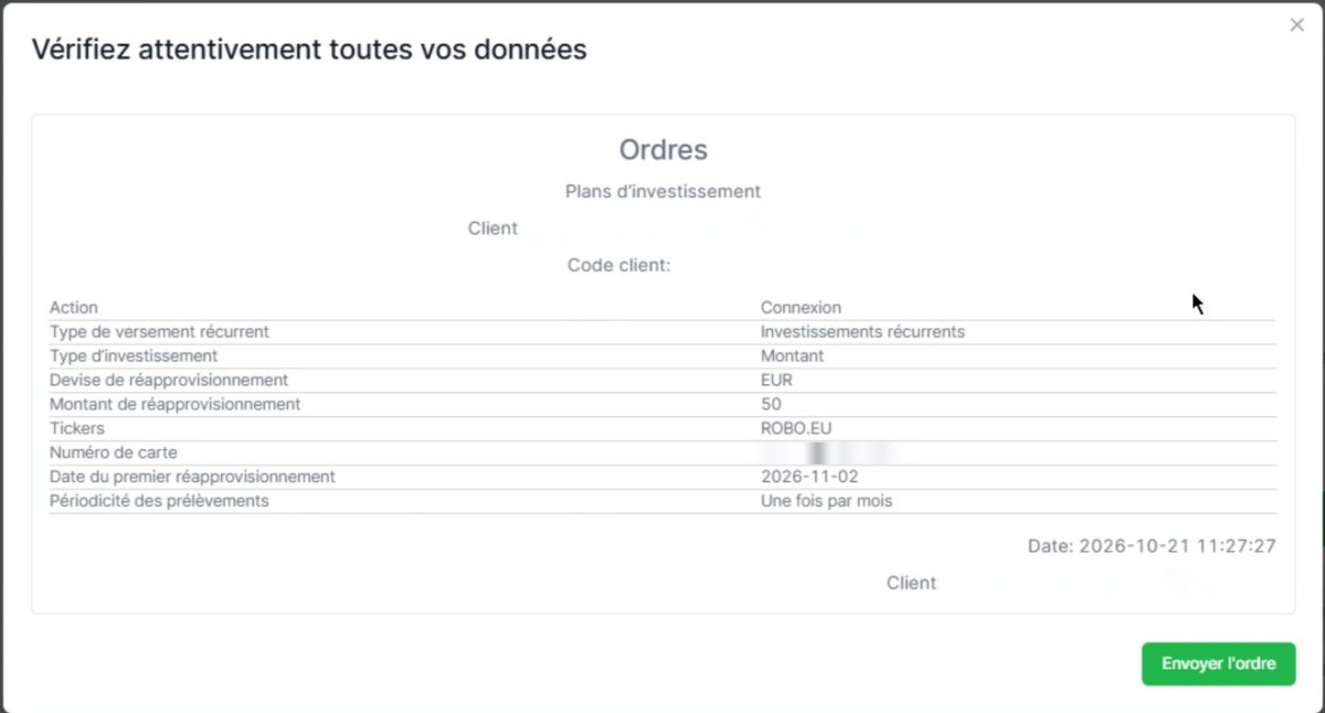 Récapitulatif du Plan d’investissement Freedom24 avant envoi de l’ordre