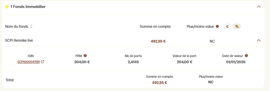 SCPI Remake Live dans l'assurance-vie Linxea Spirit 2 de Ronan : 2,4145 parts à 204 €, soit 492,55 € (octobre 2026)