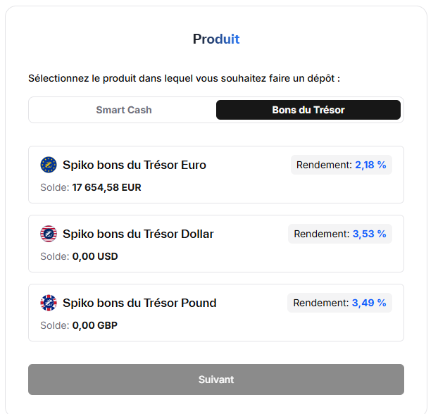 Écran de dépôt Spiko : onglets Smart Cash et Bons du Trésor (euro, dollar, livre)