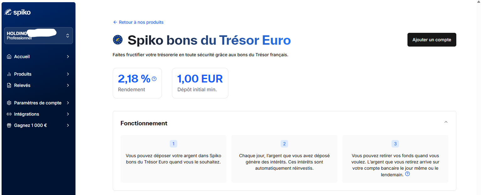 Fiche produit Spiko bons du Trésor Euro : 2,18 % et dépôt minimum de 1 €