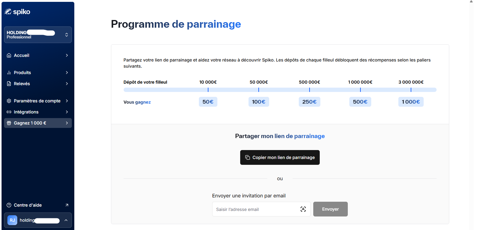 Programme de parrainage Spiko : récompense du parrain par paliers selon le dépôt du filleul