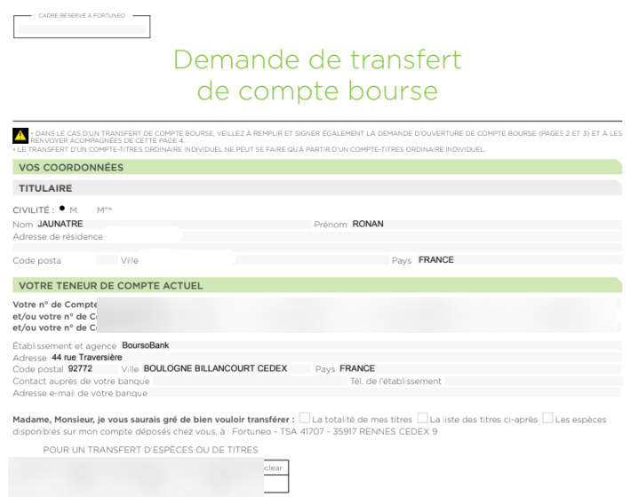 Transférer son PEA : formulaire papier Fortuneo de demande de transfert depuis BoursoBank (données masquées)
