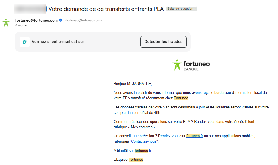 E-mail Fortuneo du 3 avril 2026 confirmant la réception du bordereau fiscal : fin du transfert de PEA